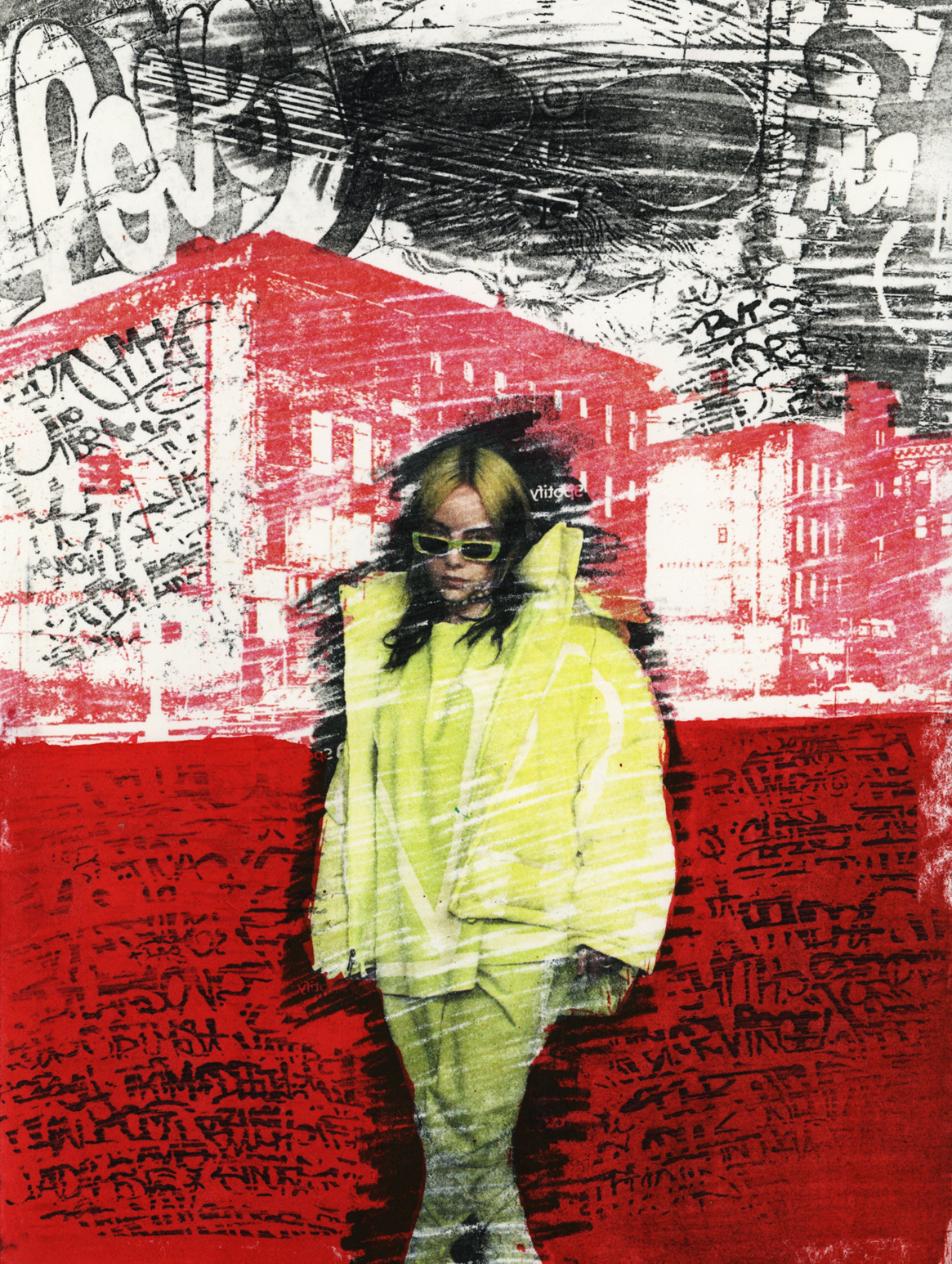 Billie Eilish with a background of red and black graffiti